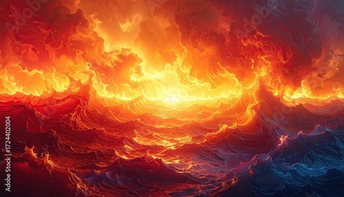 Intense Fiery Cloudscape - Swirling Orange and Red Abstract Energy with Bright Central Core and Dark Contrast.