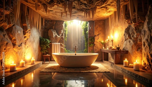 Luxurious Cave Spa Bathtub Under Ethereal Light, Surrounded by Warm Candle Glow.