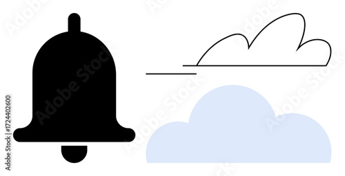 Black alert bell alongside abstract cloud shapes, mixing solid and outlined styles. Ideal for notifications, digital communication, updates, apps, cloud storage, alerts connectivity. Simple flat