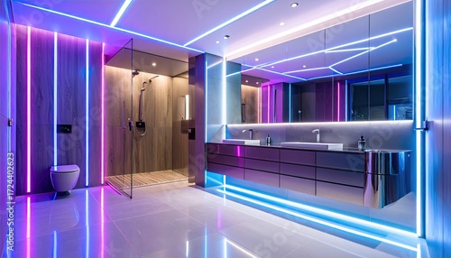 Opulent Modern Bathroom with Dynamic Purple  Blue LED Strip Lighting, Sleek Vanity,  Glass Shower.