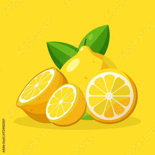 Arrangement of fresh whole lemon, lemon slices, and a squeezed wedge on a bright yellow background. Vibrant citrus concept, sunny, fresh juice, zesty, high vitamin C, clean composition.
