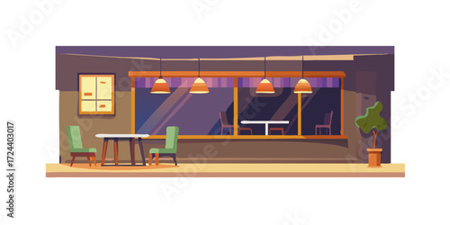 Cozy cafe exterior with tables and chairs illuminated by warm pendant lights at dusk