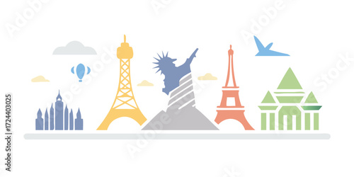 Colorful flat design skyline of famous landmarks from around the world with clouds and a hot air balloon