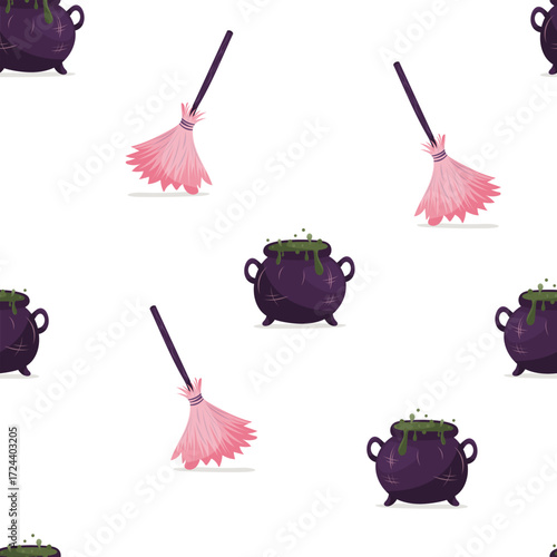 Vector seamless pattern with witch cauldrons with green potion and pink brooms. Great for Halloween cards, wrapping paper, stickers, textile, posters, invitations and kids projects