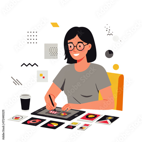 A young woman with glasses works on a digital tablet with a stylus, surrounded by card designs and a coffee cup.