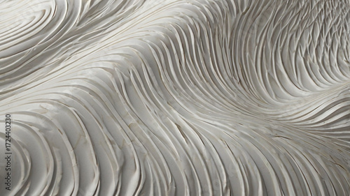 A close-up of a white surface decorated with a repeating wavy pattern. The design consists of soft, flowing curves that create a three-dimensional ripple effect, evoking a sense of movement and calm.