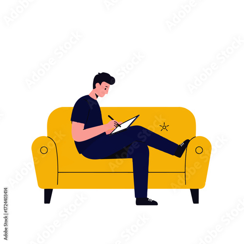 A young man sits on a yellow sofa, drawing or writing on a digital tablet with a stylus.
