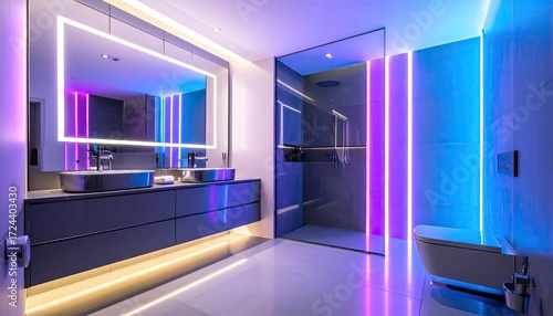 Sleek Modern Bathroom with Dynamic Neon LED Lighting, Dual Vanity, and Glass Shower.