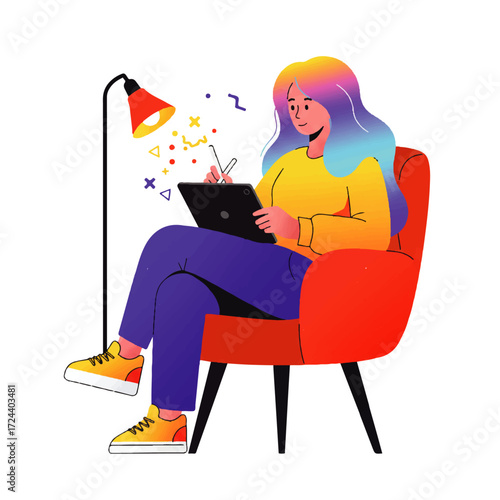 A woman with rainbow hair sits in a red armchair, drawing on a tablet with a stylus under a lamp.