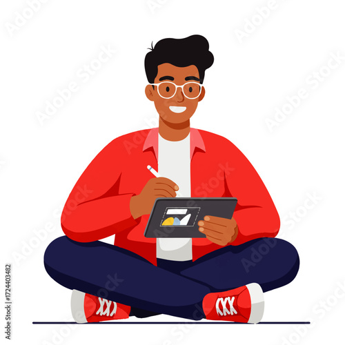 A smiling young man with glasses sits cross-legged, using a stylus on a digital tablet.