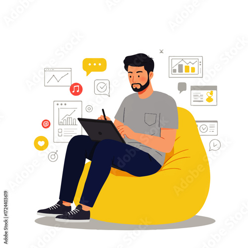 A bearded man sits on a yellow beanbag chair, working on a tablet with a stylus, surrounded by digital icons and charts.