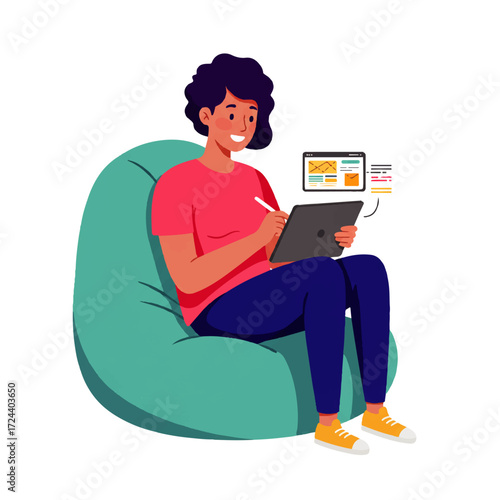 Woman sitting on a beanbag chair using a digital tablet and stylus, smiling and creating content.
