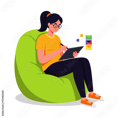 A woman with glasses sits in a green beanbag chair, using a stylus on a tablet, with colorful squares floating nearby.
