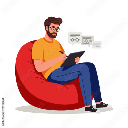 A man with a beard and glasses sits in a red beanbag chair, drawing on a tablet with a stylus, ideas floating above.