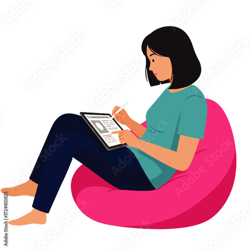 Woman sitting on a pink beanbag chair using a digital tablet with a stylus pen.