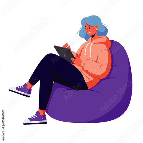 A young woman with blue hair sits comfortably in a purple beanbag chair, drawing on a tablet with a stylus pen.