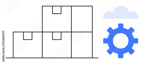Stacked boxes beside a gear and cloud illustrate logistics, supply chain, warehouse management, shipping, delivery, inventory, and process automation in a simple flat metaphor