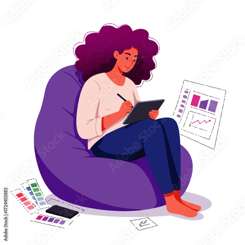 A woman with curly hair sits in a beanbag chair, working on a tablet with a stylus, surrounded by design elements.
