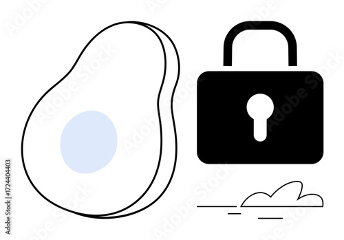 Halved avocado beside padlock with keyhole, representing balance of natural health and security. Ideal for wellness, nutrition, cybersecurity, privacy, organic growth, healthy choices, minimalistic