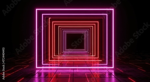 Neon Square Tunnel With Red And Pink Lights On Reflective Floor geometric abstract