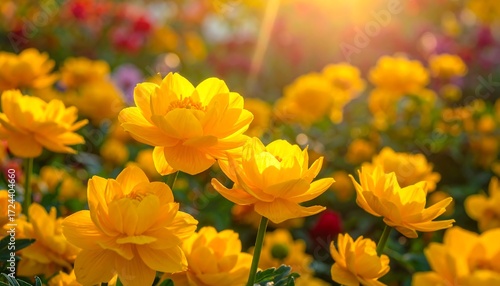 Vibrant yellow flowers in a garden, sunlit