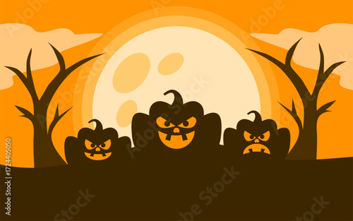 Color orange pumpkins greet the halloween full moon amidst autumn trees beautifully.