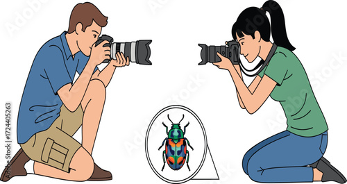 Two photographers capturing close-up shots of a colorful insect, macro photography hobby with cameras, lenses, nature exploration, and scientific observation