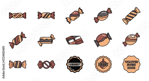 A collection of assorted candy illustrations, showcasing various shapes, wrappers, and packaging styles.