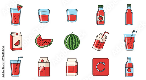 A collection of various watermelon-themed beverages and fruit illustrations, presented in a flat design style.