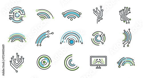A collection of stylized, abstract circuit board and wireless signal icons in various shapes.