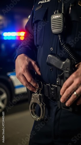 Close-up of a male police officer in dark uniform holding metal handcuffs, with a holstered pistol and shoulder radio, standing near a patrol car with flashing emergency lights at night.