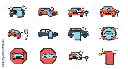 Set of car wash icons depicting various stages of cleaning and drying, presented in a flat design style.