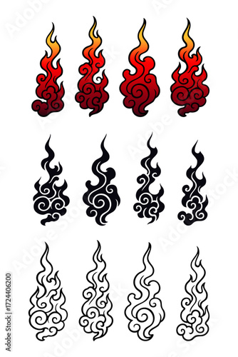 Oriental Japanese Style Fire flame ignite collection set vector clip art element isolated  in white design editable