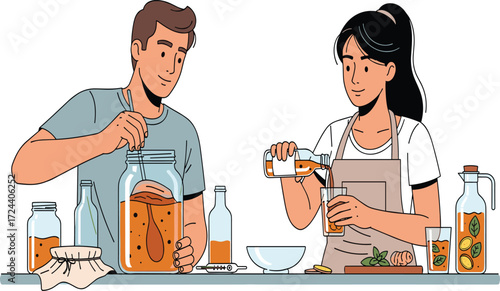 Illustration of couple making kombucha at home, fermenting tea in jars, preparing healthy probiotic drink and homemade organic beverage recipe