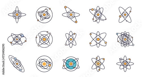 A collection of stylized atomic and planetary orbital diagrams.