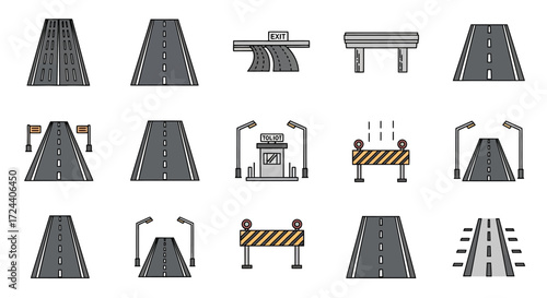 A collection of various stylized illustrations depicting roads, highways, and related infrastructure.