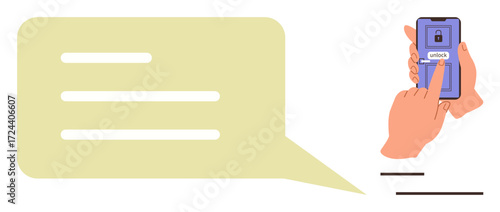 Smartphone being unlocked with fingerprint, security lock screen, and yellow chat bubble. Ideal for mobile security, biometrics, privacy, communication, authentication, technology and usability
