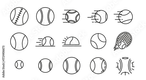 A collection of minimalist line drawings depicting tennis balls in various states, including motion and impact with a racket.