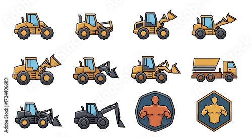 A collection of cartoon construction vehicles including loaders, excavators, and a dump truck, plus two muscular torso icons.