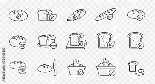Collection of line art icons depicting various types of bread, some with a leaf symbol.