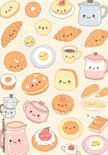 Adorable Kawaii Breakfast Food Illustration.