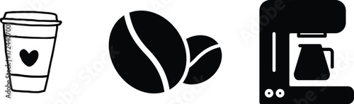 Coffee Beans, Coffee Cup, Coffee Maker Black and White Icons