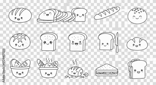 Cute cartoon illustrations of various bread and bakery items, including loaves, slices, and sandwiches.