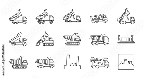 Collection of simple line art illustrations of various dump trucks and construction vehicles.