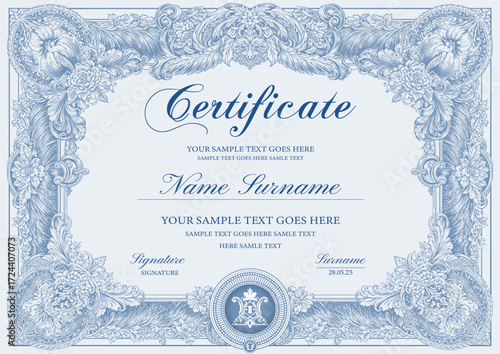 Certificate, Diploma of completion (design template, white background) with blue Frame, Border and emblem