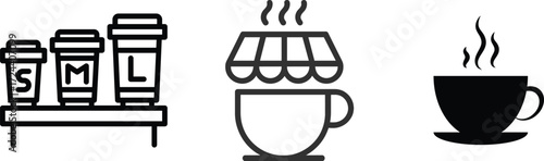 Coffee Shop Icon Set Cups, Sizes, and Store - Minimalist Design