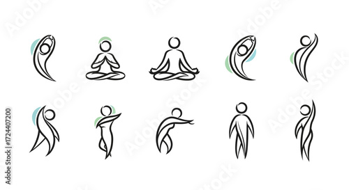 A collection of minimalist line art figures depicting various yoga poses and flowing movements.