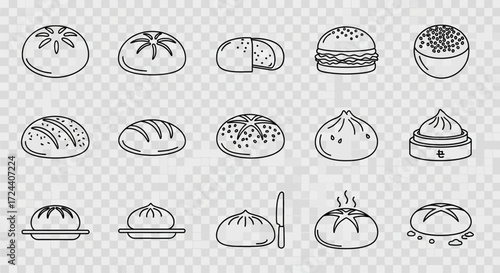 A collection of line drawings showcasing various types of buns and steamed dumplings, including burger buns and baozi.
