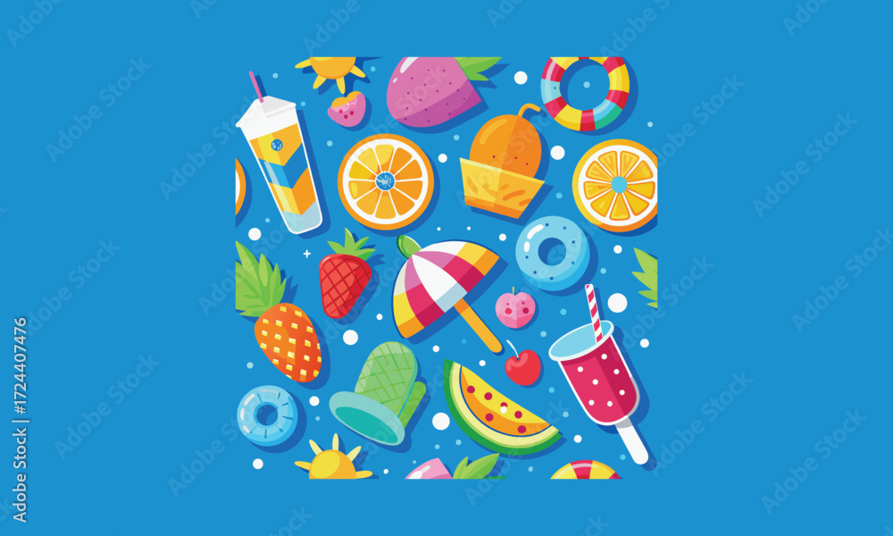 Fototapeta premium Summer Fruits and Refreshing Drinks Flat Design Illustration