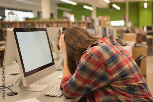 Teenage female student in plaid shirt leaning forward, burying head in hands at computer lab desk